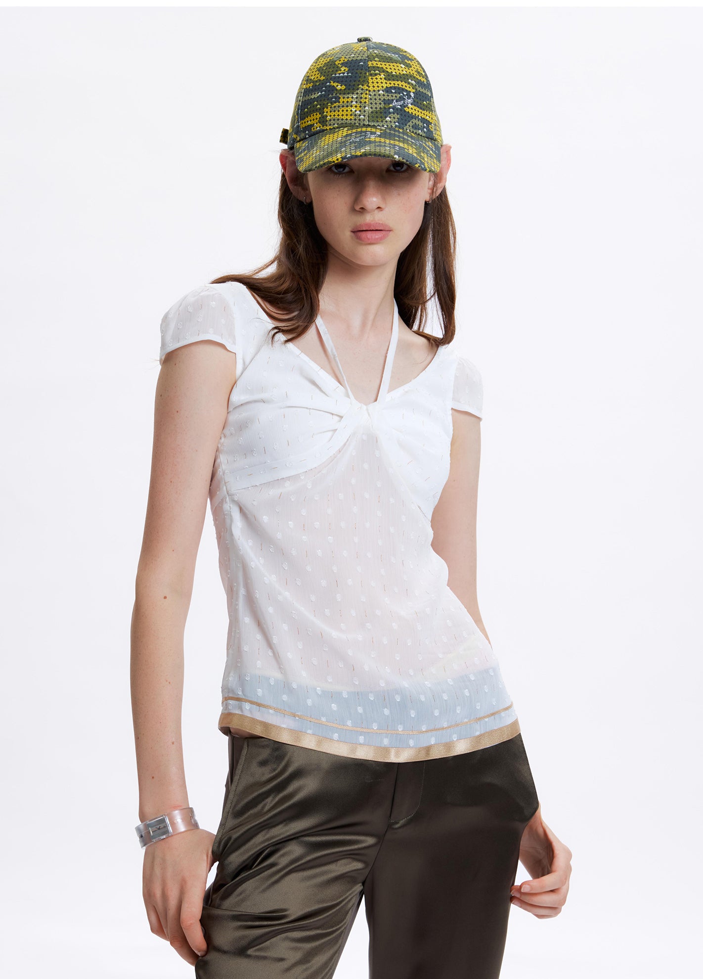 Translucent polka dot chiffon short sleeved shirt